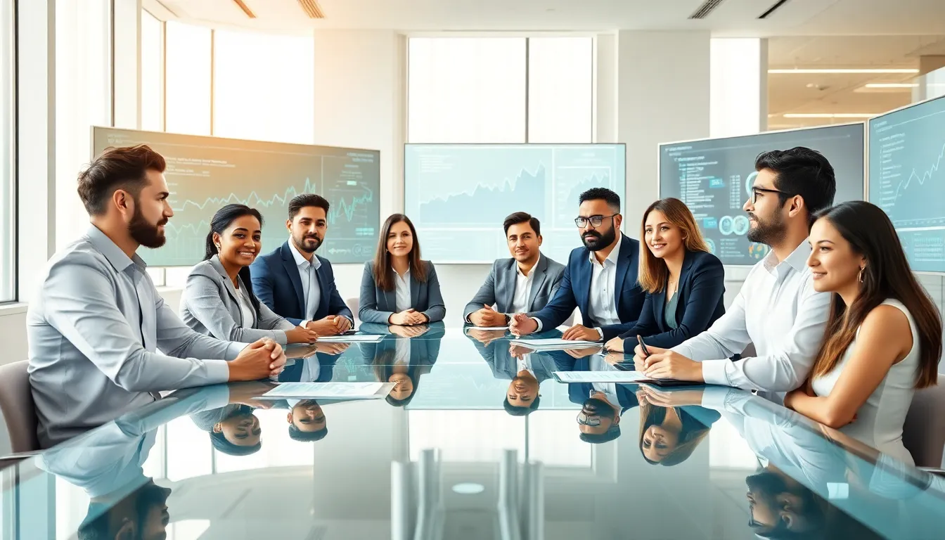 diverse team discussing blockchain solutions in a modern office.