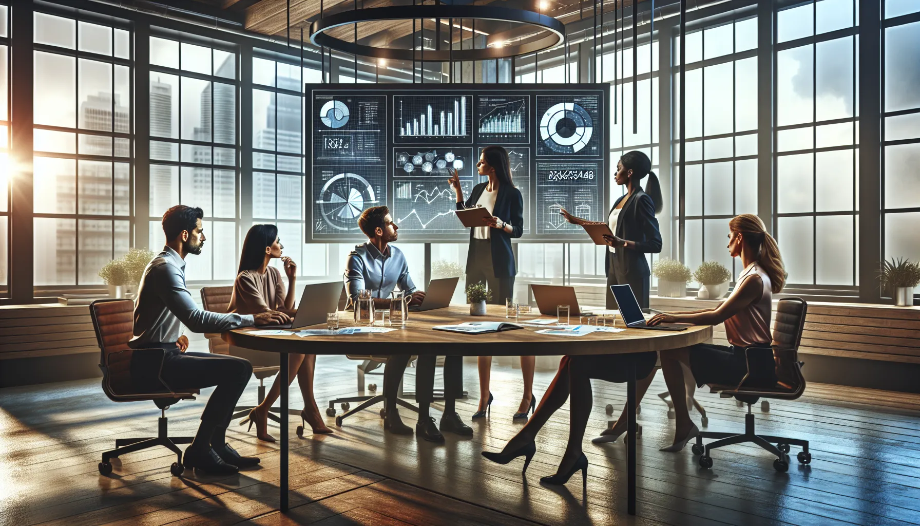 diverse professionals discussing data in a modern office.