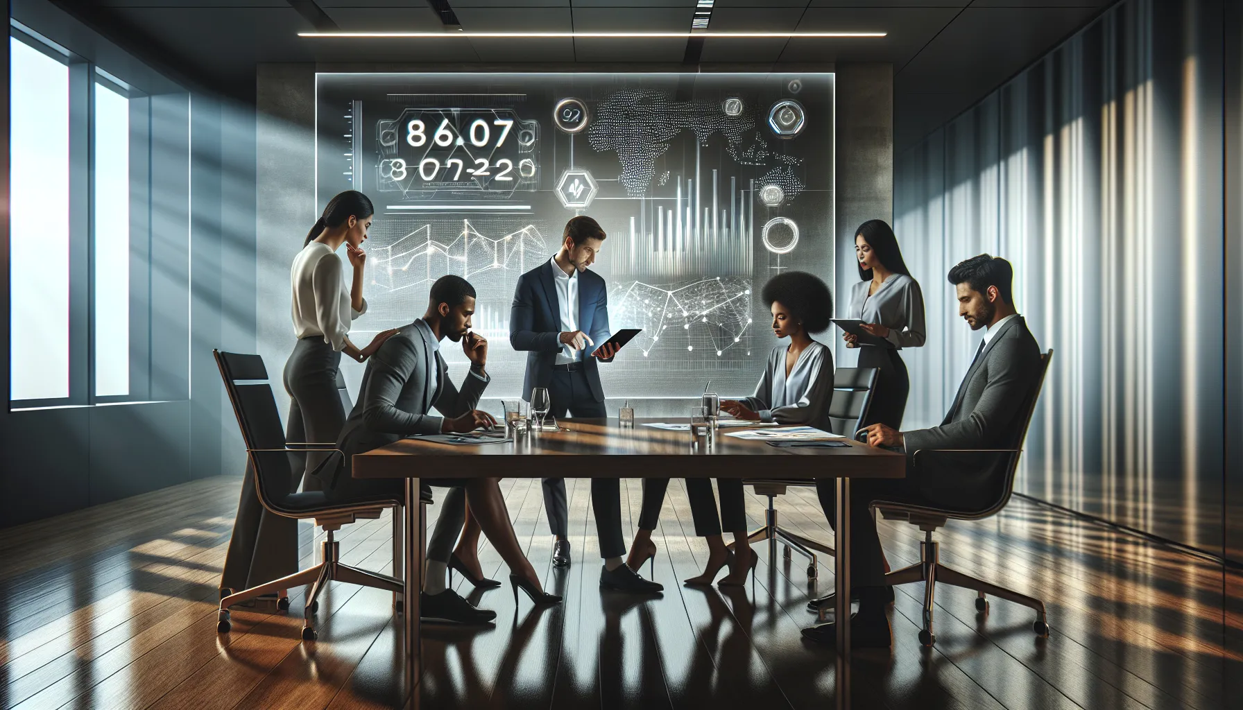 diverse team discussing technology in a modern office.