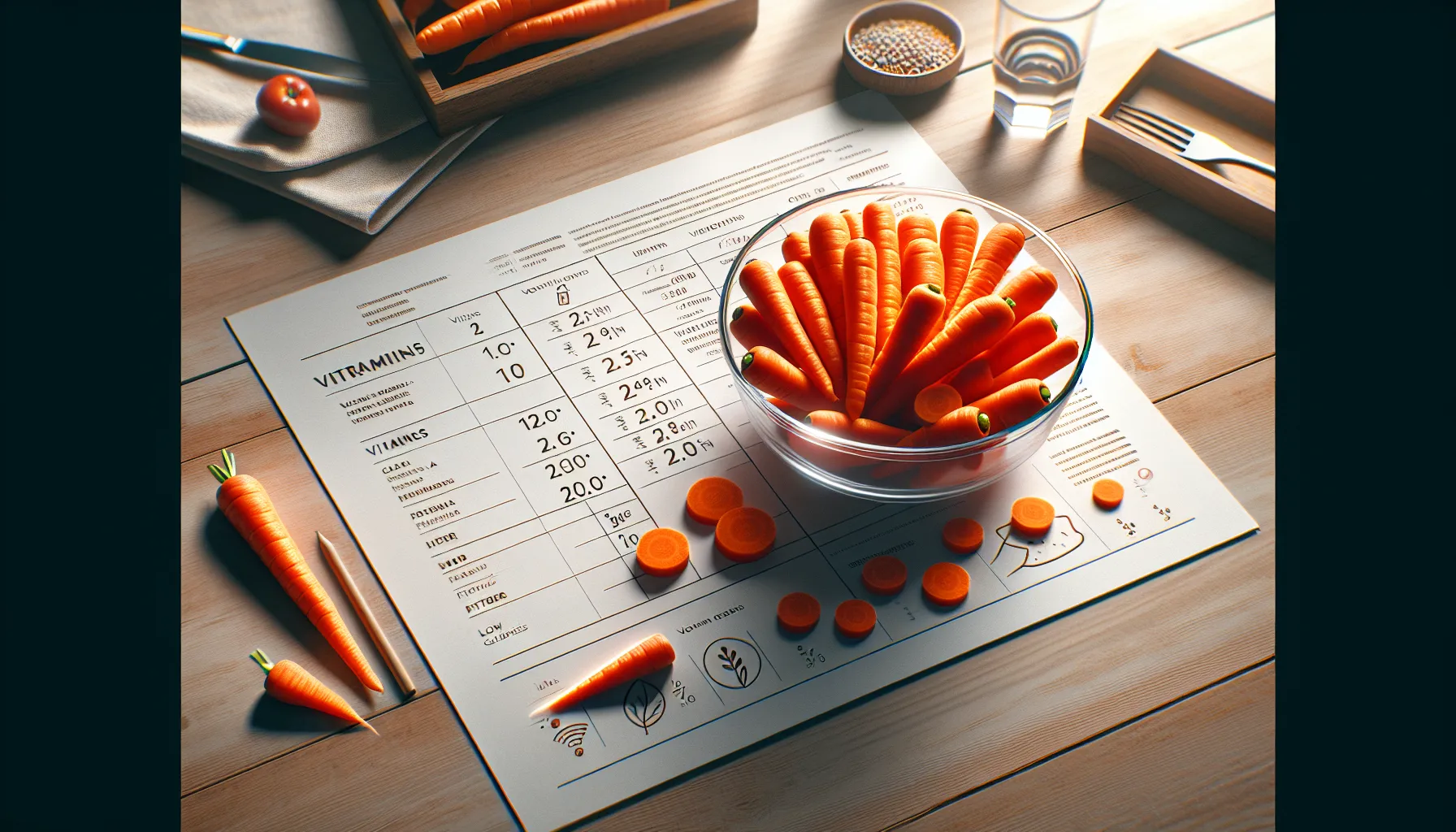 Fresh carrots and a nutrition table on a modern kitchen table.