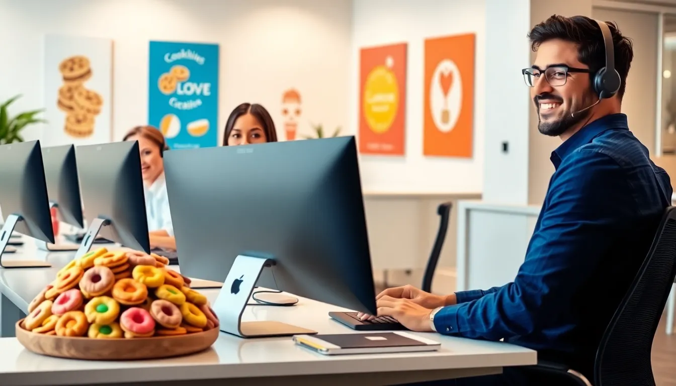 diverse customer service team engaging with clients in a modern office.