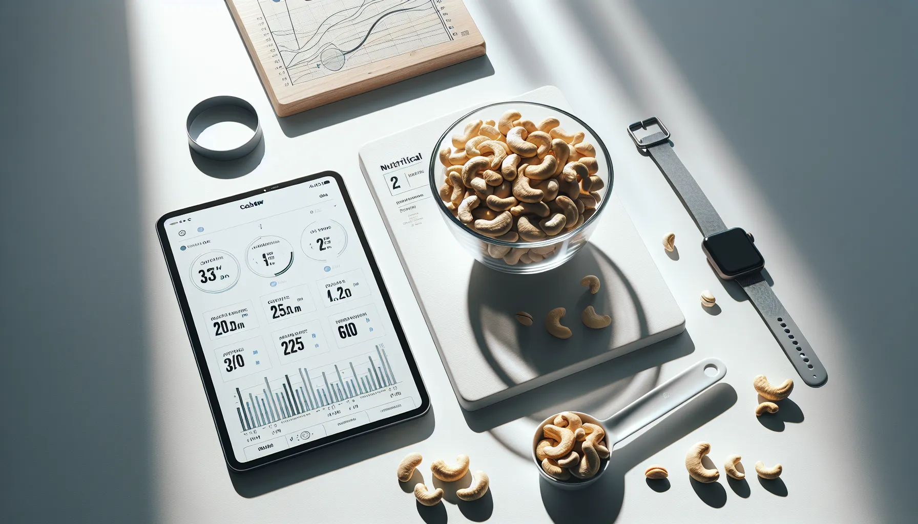 Bowl of cashews and nutritional facts on a tablet.