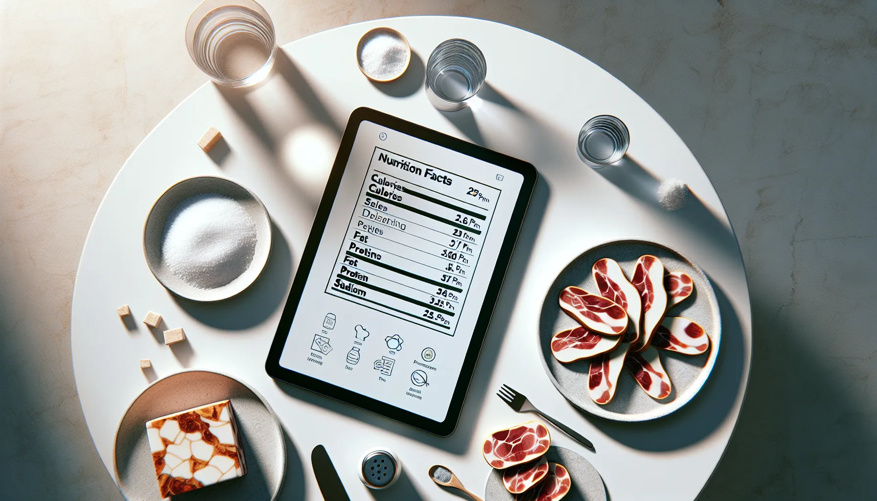 Sliced panceta and nutrition chart on a modern white table.
