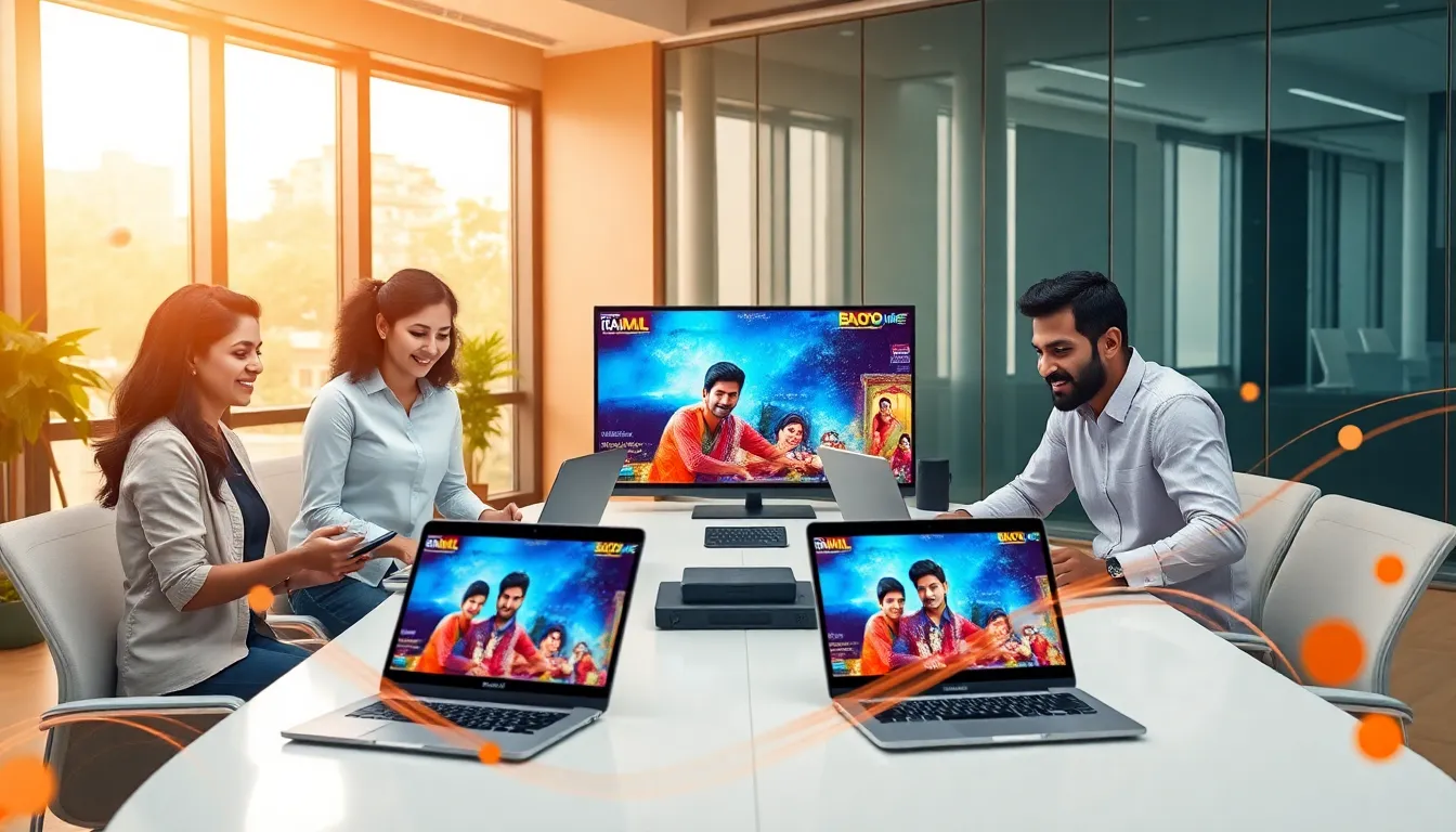 diverse team collaborating on Tamil Dhoom.com content in a bright office.