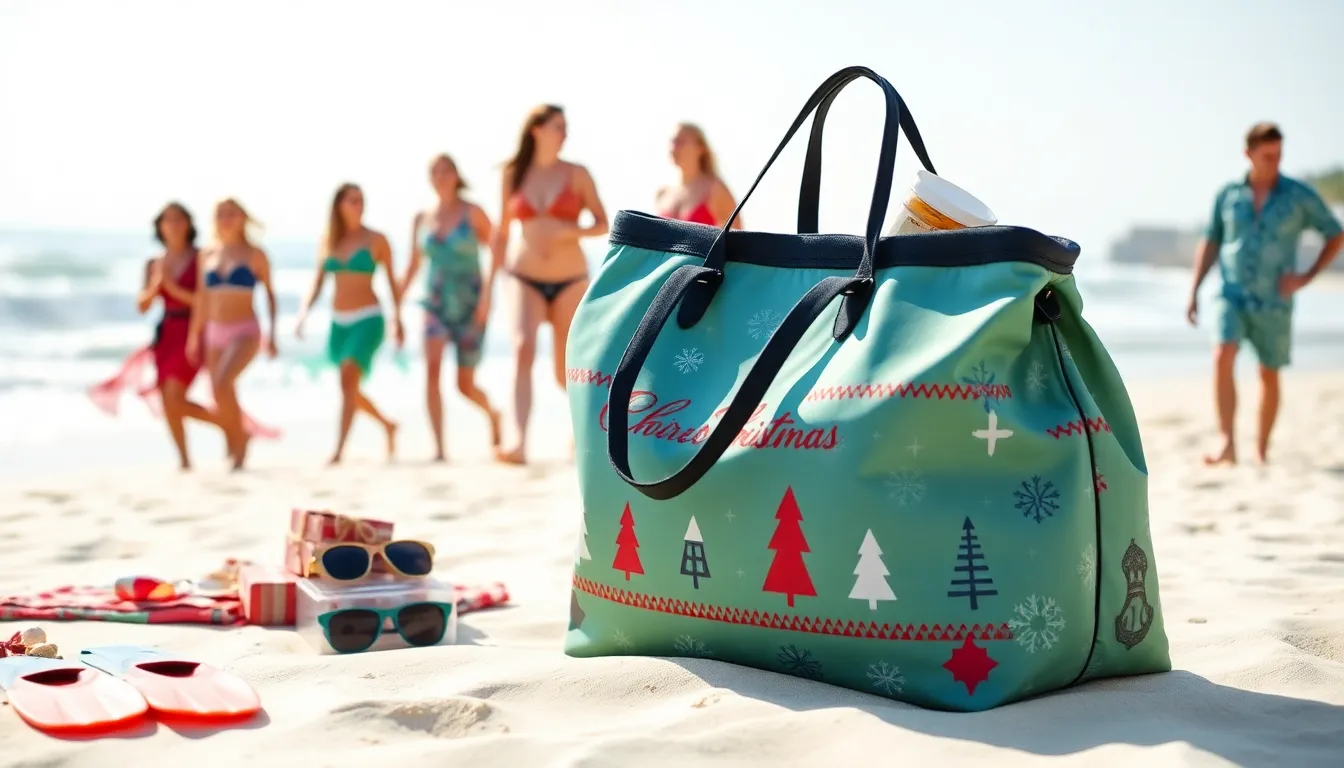 Waterproof Christmas beach bag with gifts and holiday treats on sunny sand.