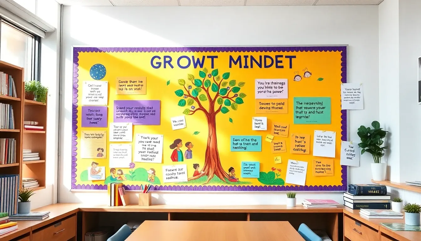 A colorful bulletin board showcasing growth mindset concepts in a classroom.