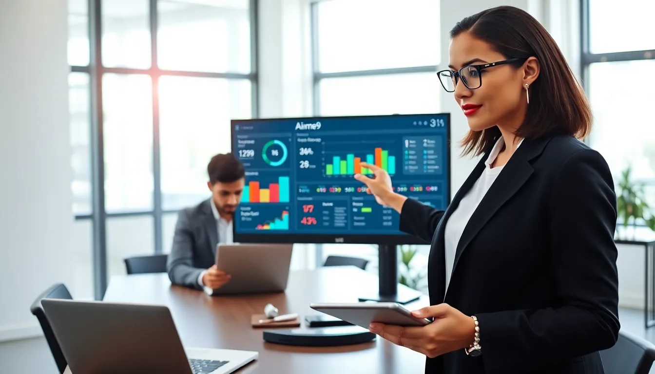 professionals using the Ainme9 digital platform in a modern office.