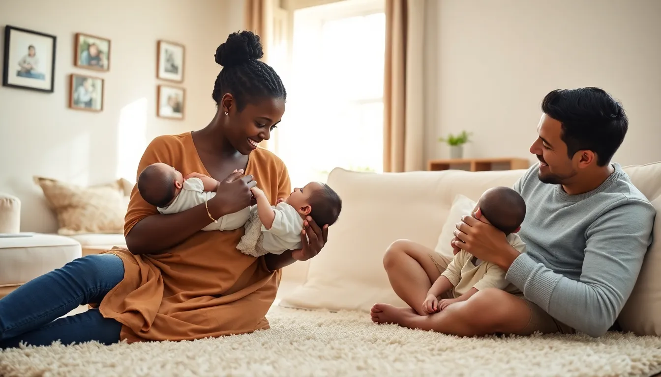 parents feeding and burping their babies in a warm living room.