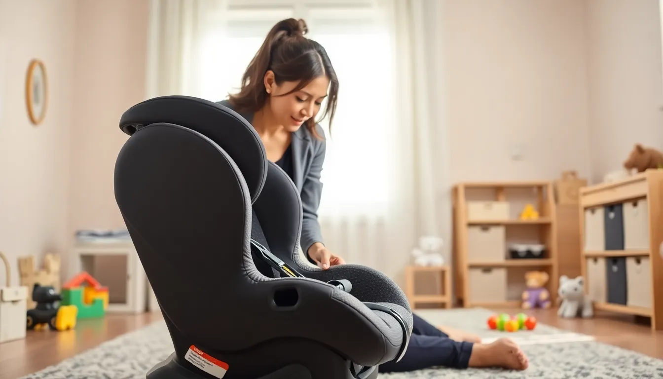 mother checking expiration date on a car seat in a nursery.