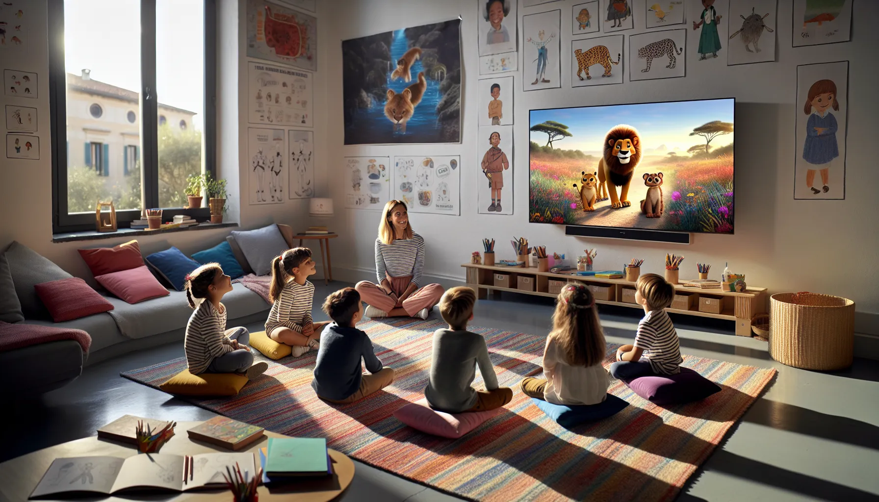 children watching an educational animated documentary in a sunny Italian classroom