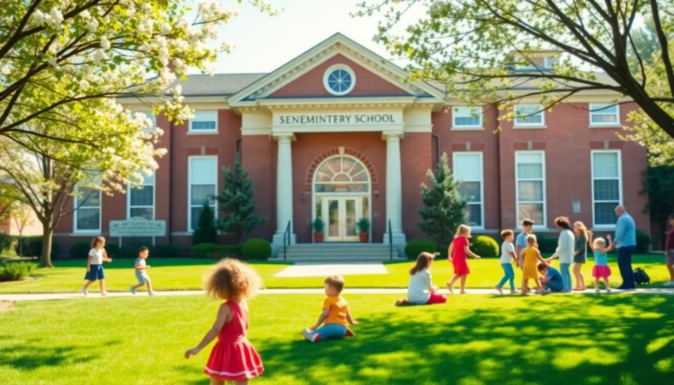 children playing outside Sabin Elementary School.