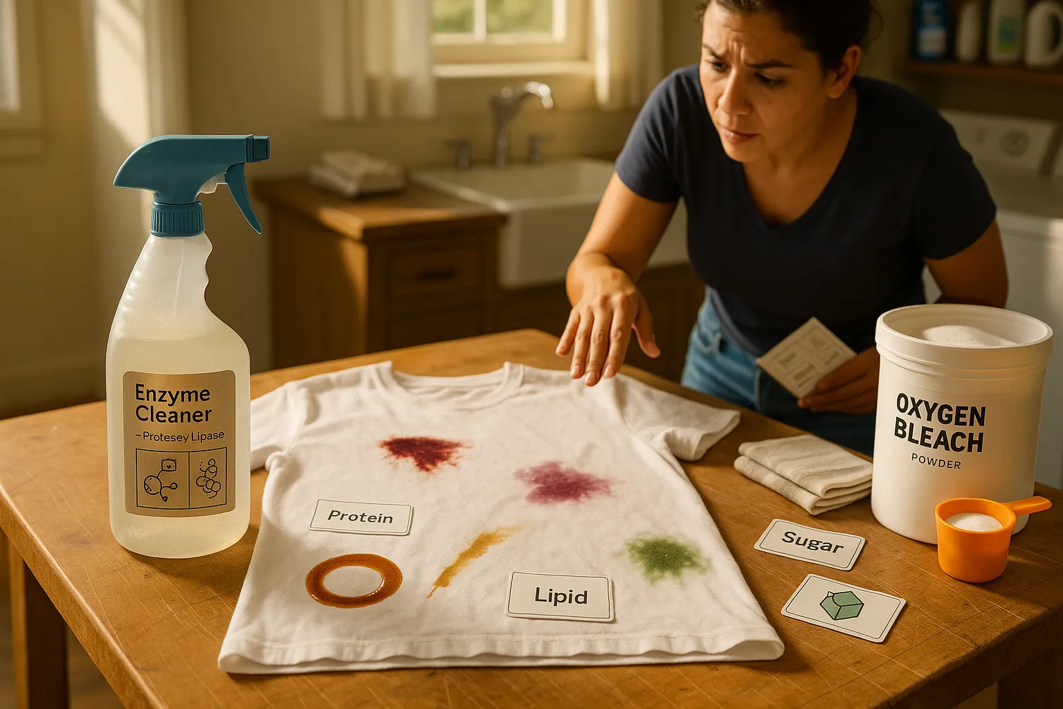 white T-shirt with multiple stains and enzyme and oxygen bleach products nearby.
