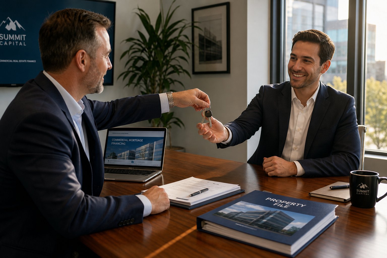 Broker handing keys to a business client across a conference table in a bright office.
