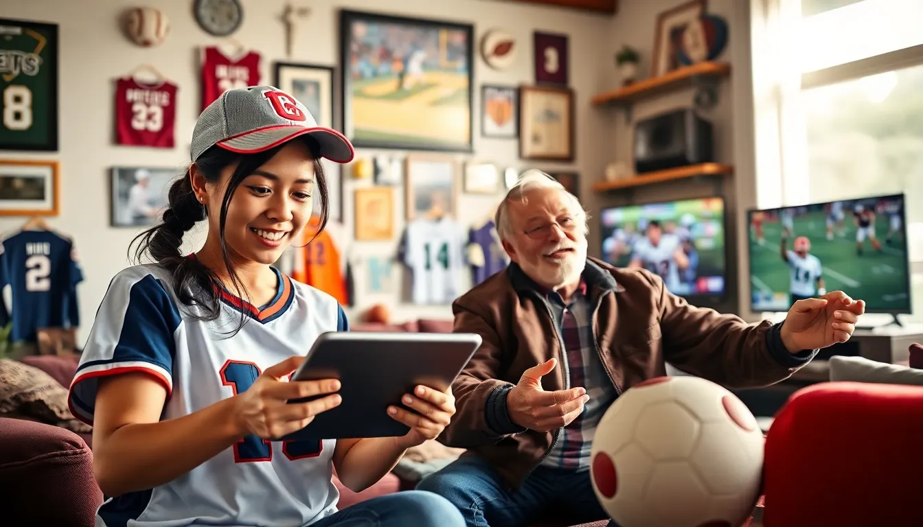 sports fans engaging with devices in a cozy living room, reflecting LatestSportsBuzz.