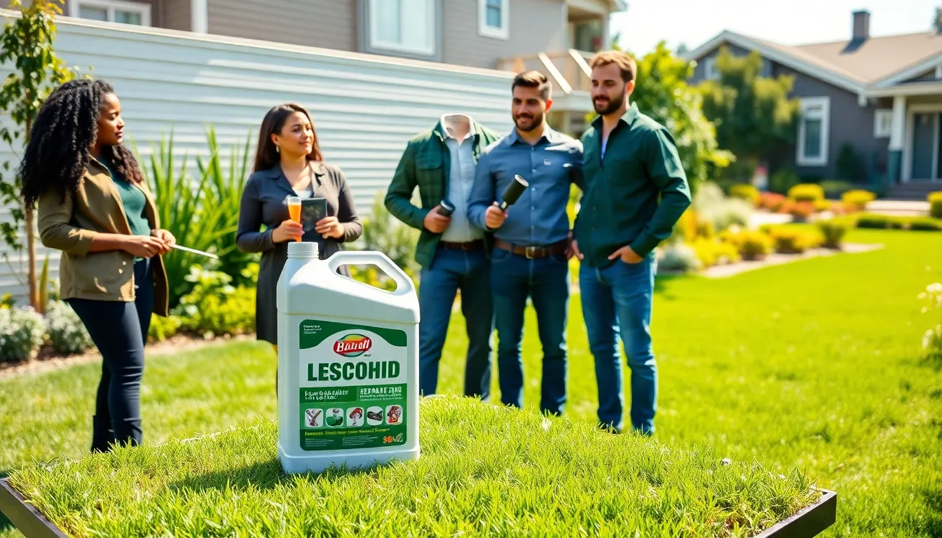 diverse team discussing LESCOHID herbicide in a lush green lawn.