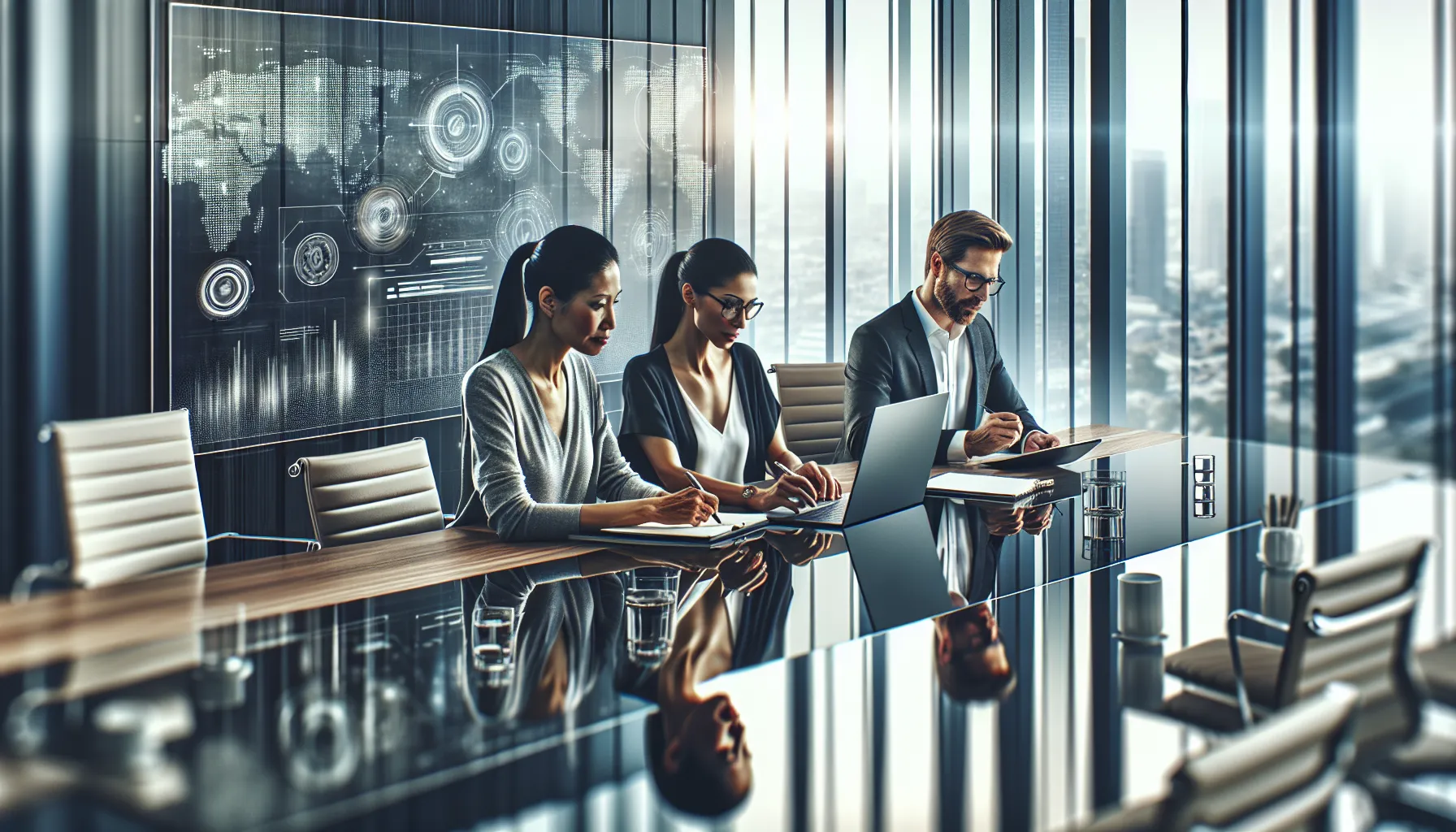 diverse professionals collaborating on digital media in a modern office.