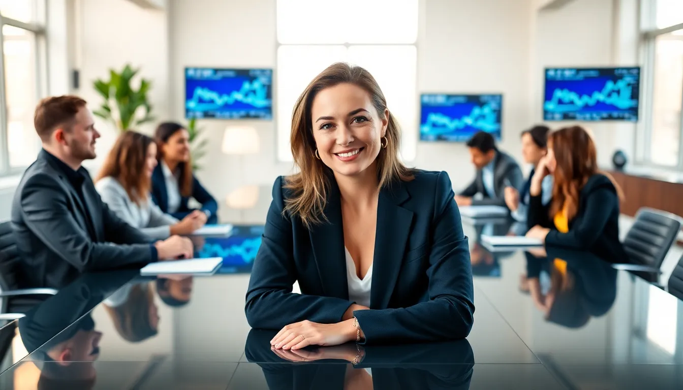 Stacy Klinger in a modern office setting discussing cryptocurrency with a team.