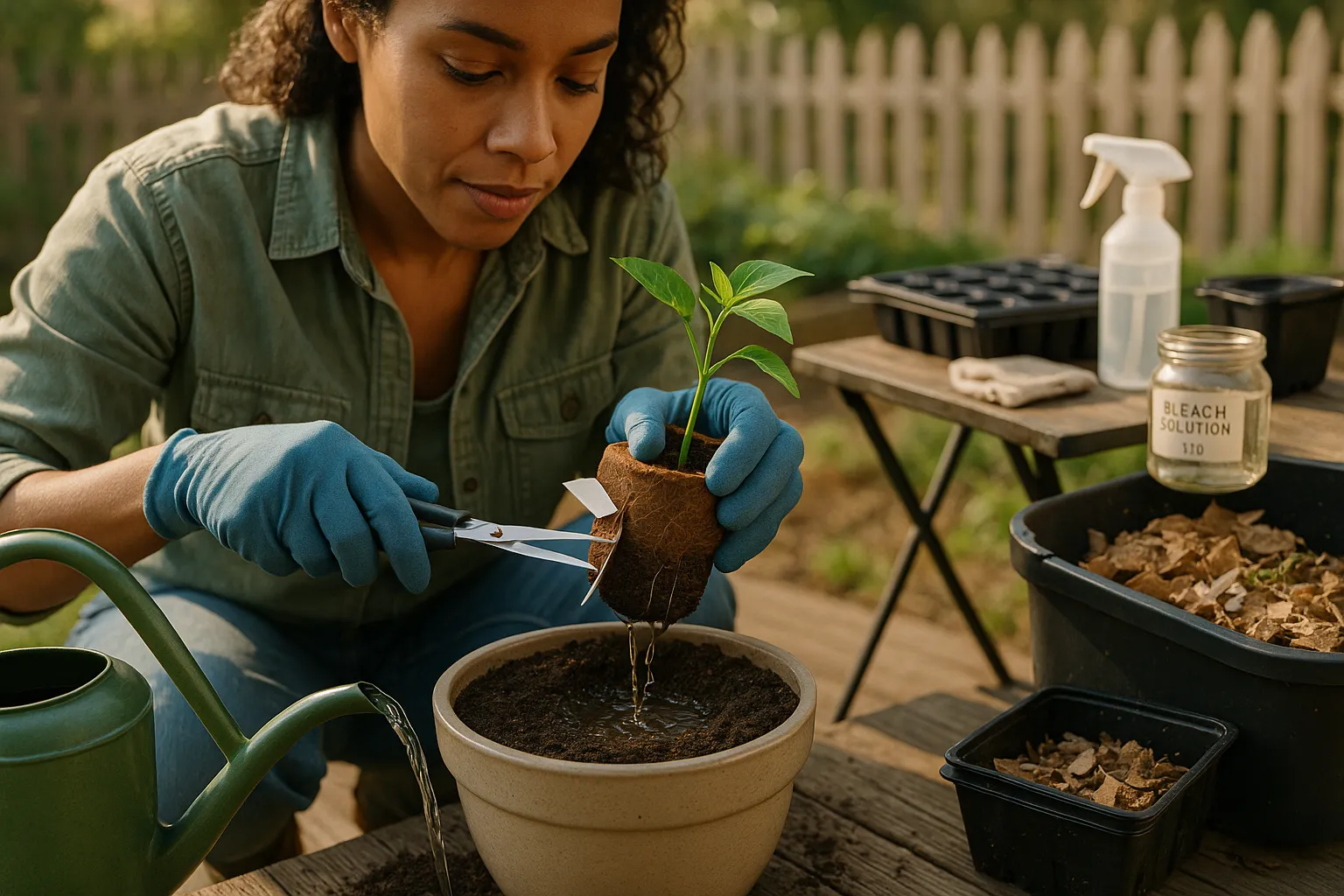Gardener transplanting seedling from a coir pot into a ceramic container outdoors.