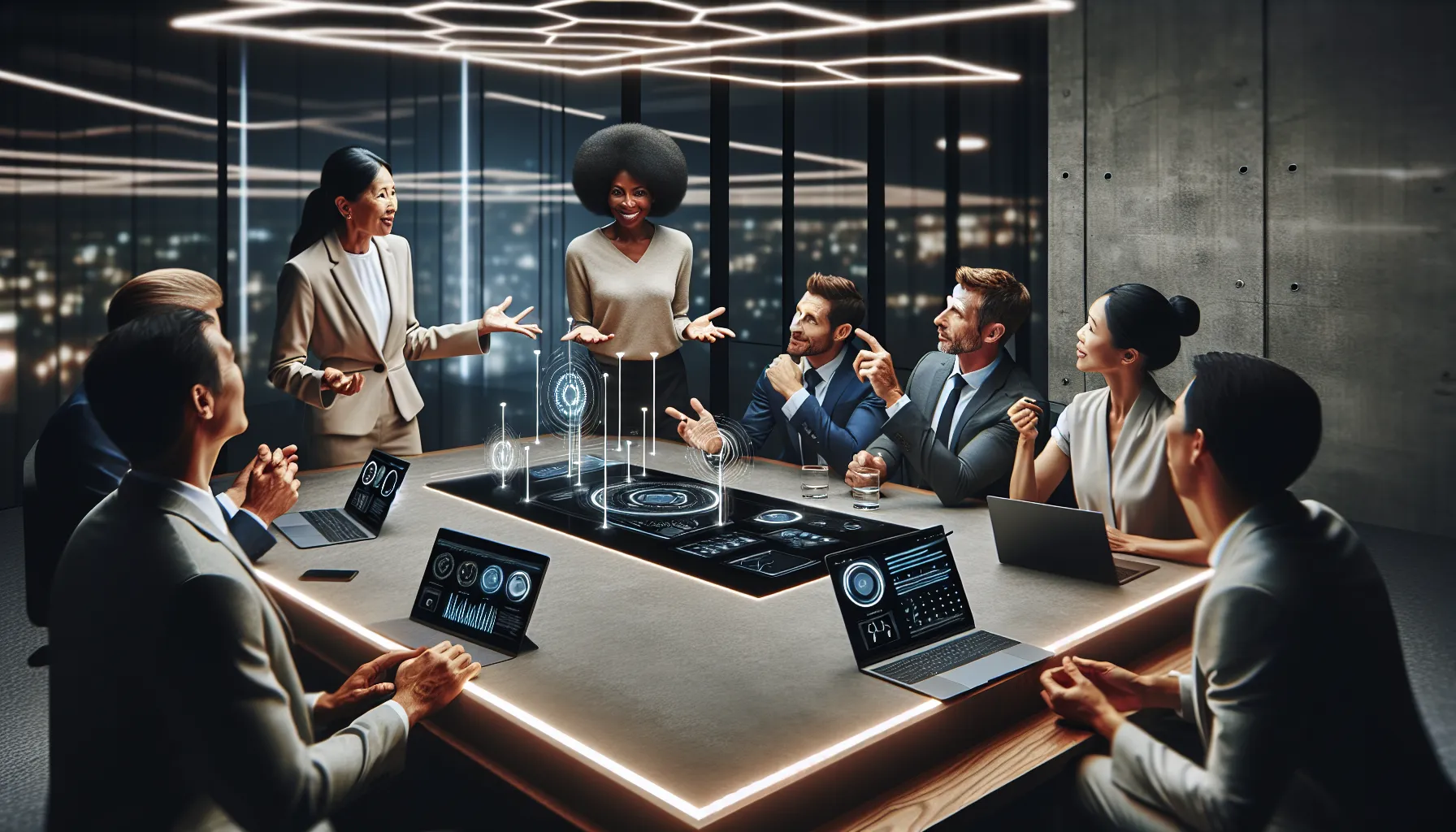 diverse team enthusiastically discussing technology experiences in a modern office.