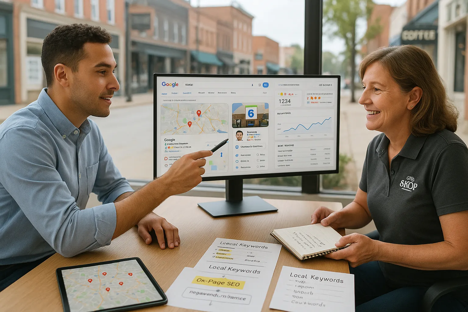 Local SEO consultant showing map results and metrics to a small business owner.