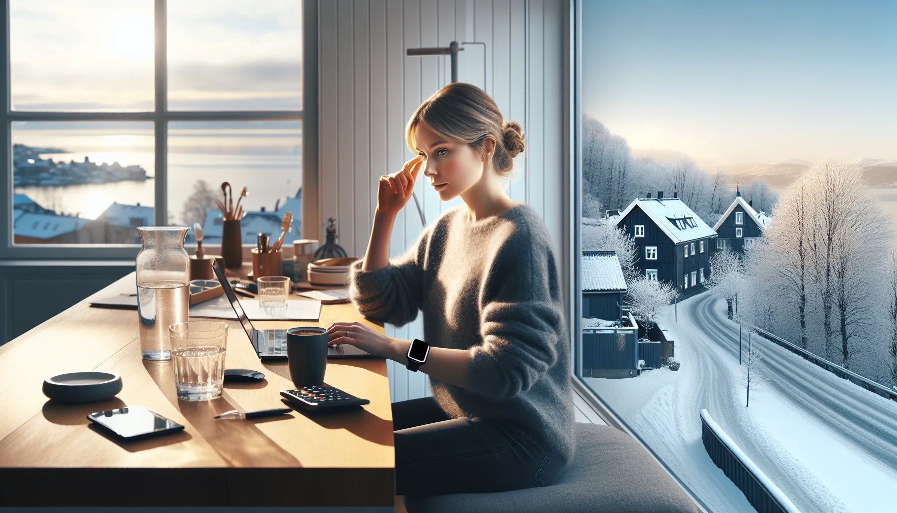 Norwegian woman at a home office desk showing focused energy and fasting fatigue.