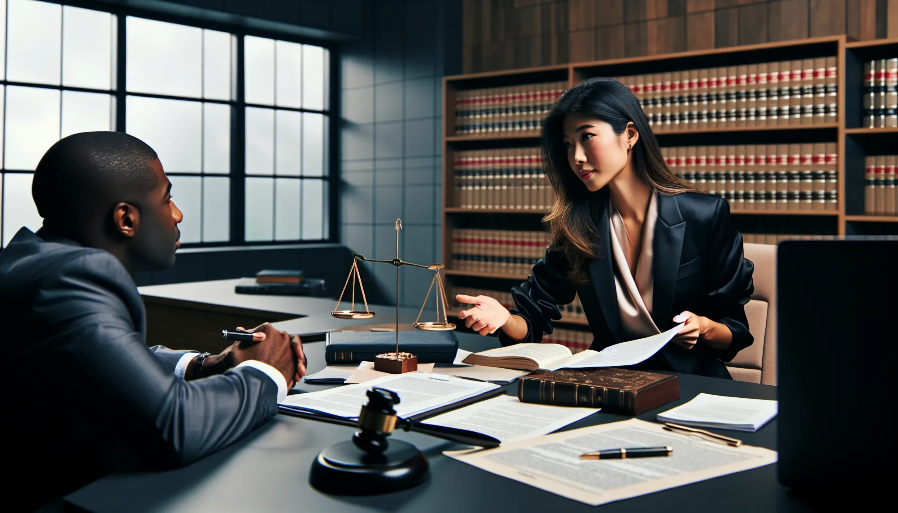 Croatian lawyer reviewing legal documents with client in professional office setting