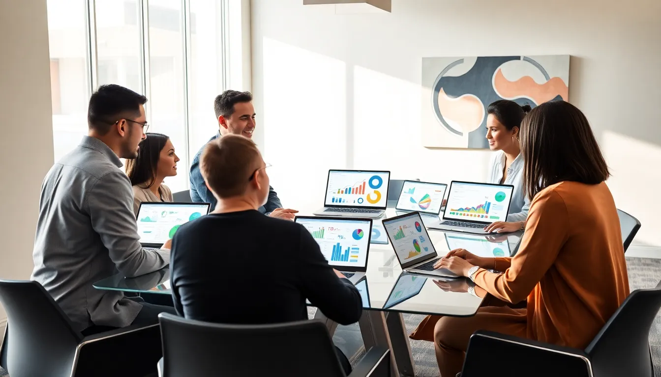 diverse professionals collaborating in a modern office on data visualization.