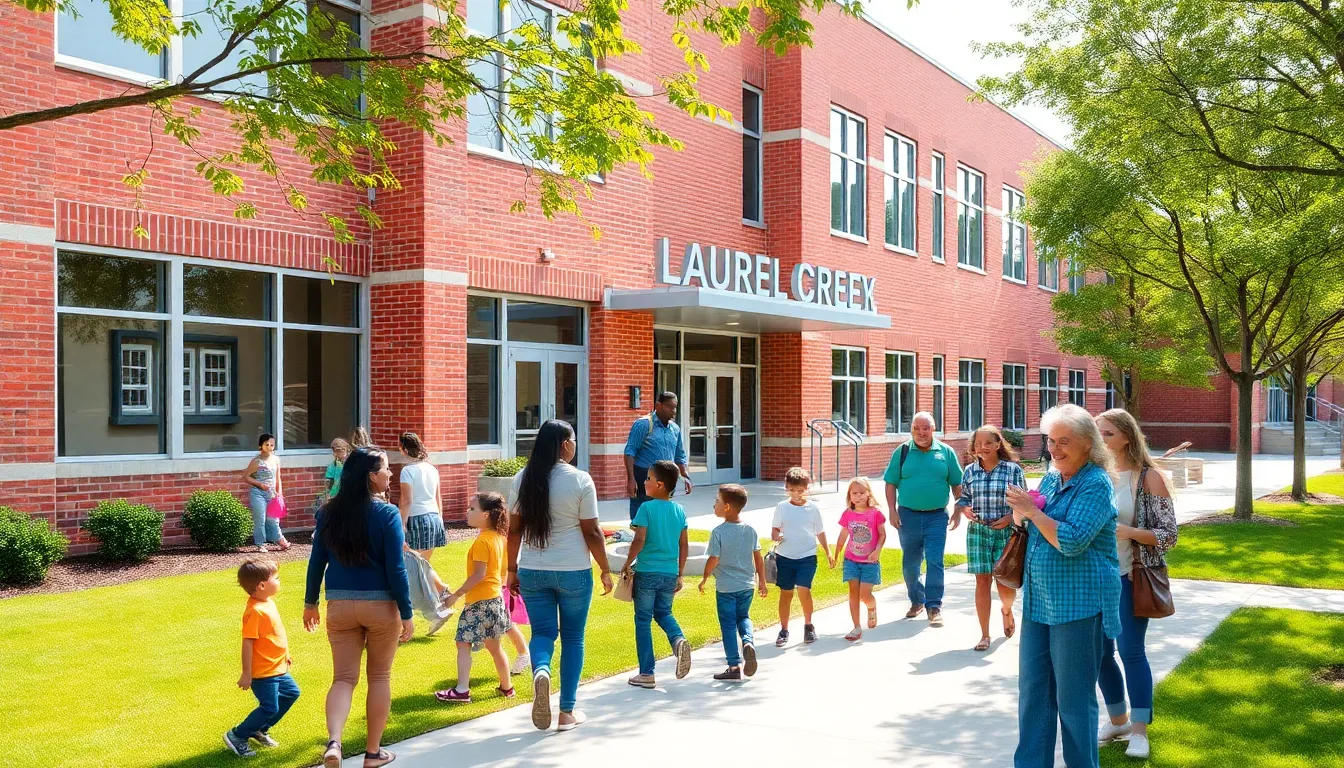 exterior view of Laurel Creek Elementary School with students and teachers.
