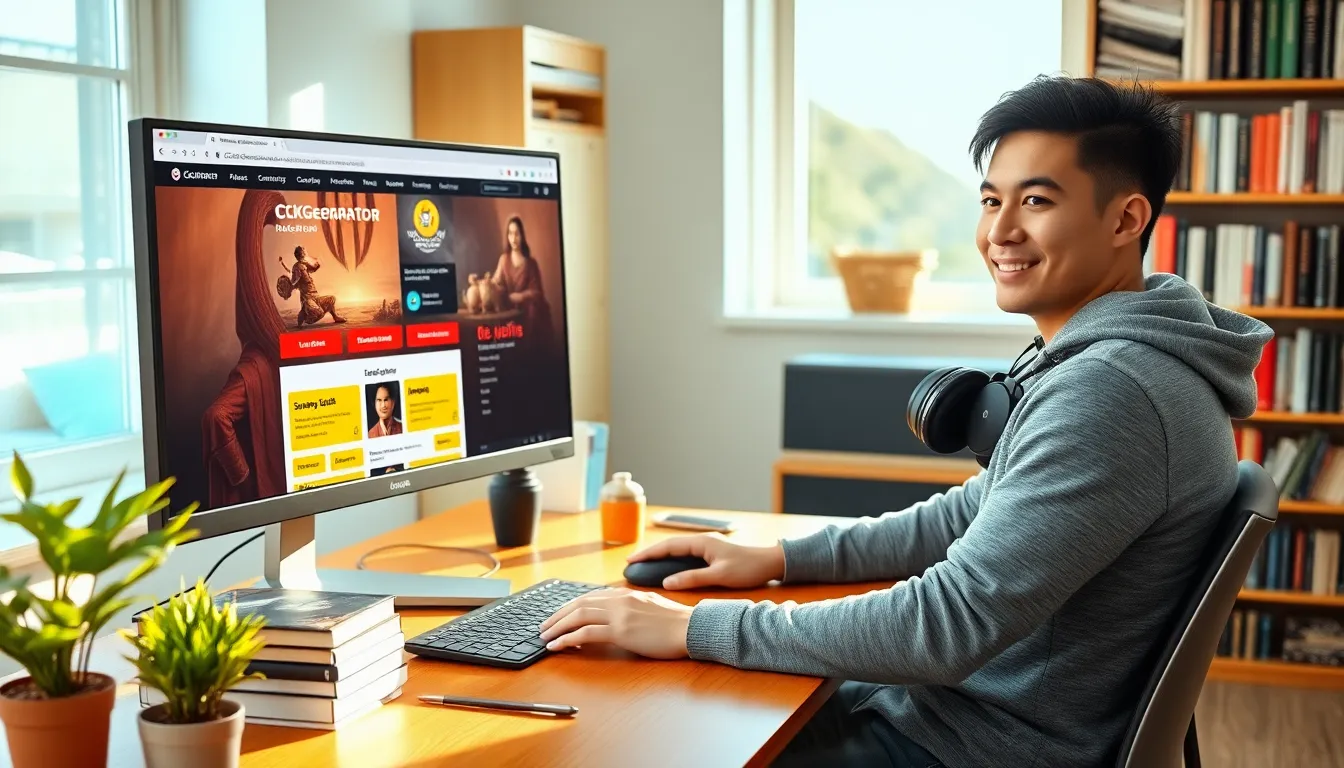 a young man using CK2Generator at his desk with gaming guides nearby.