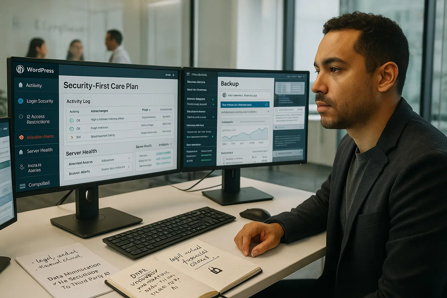 IT professional reviewing multi‑layer WordPress security dashboards for high‑risk, regulated clients.