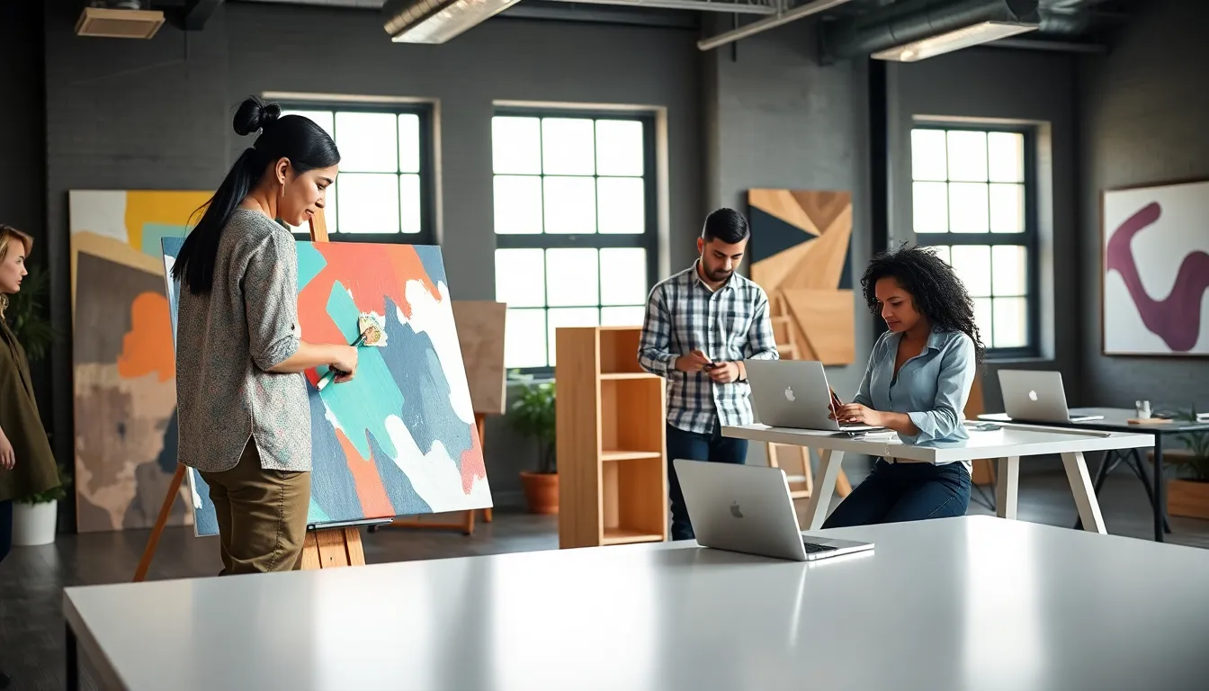 diverse professionals working on creative projects in a modern office.