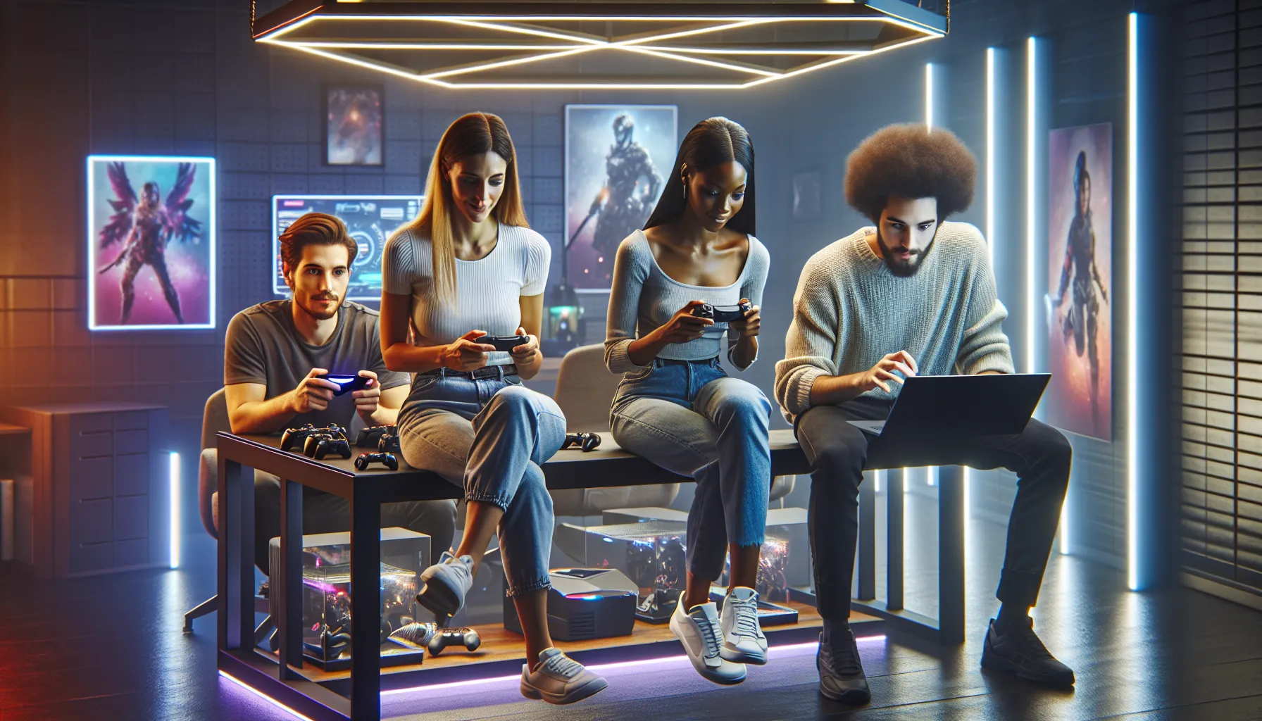 diverse group of gamers enjoying PlayMyWorld Gaming on multiple devices.