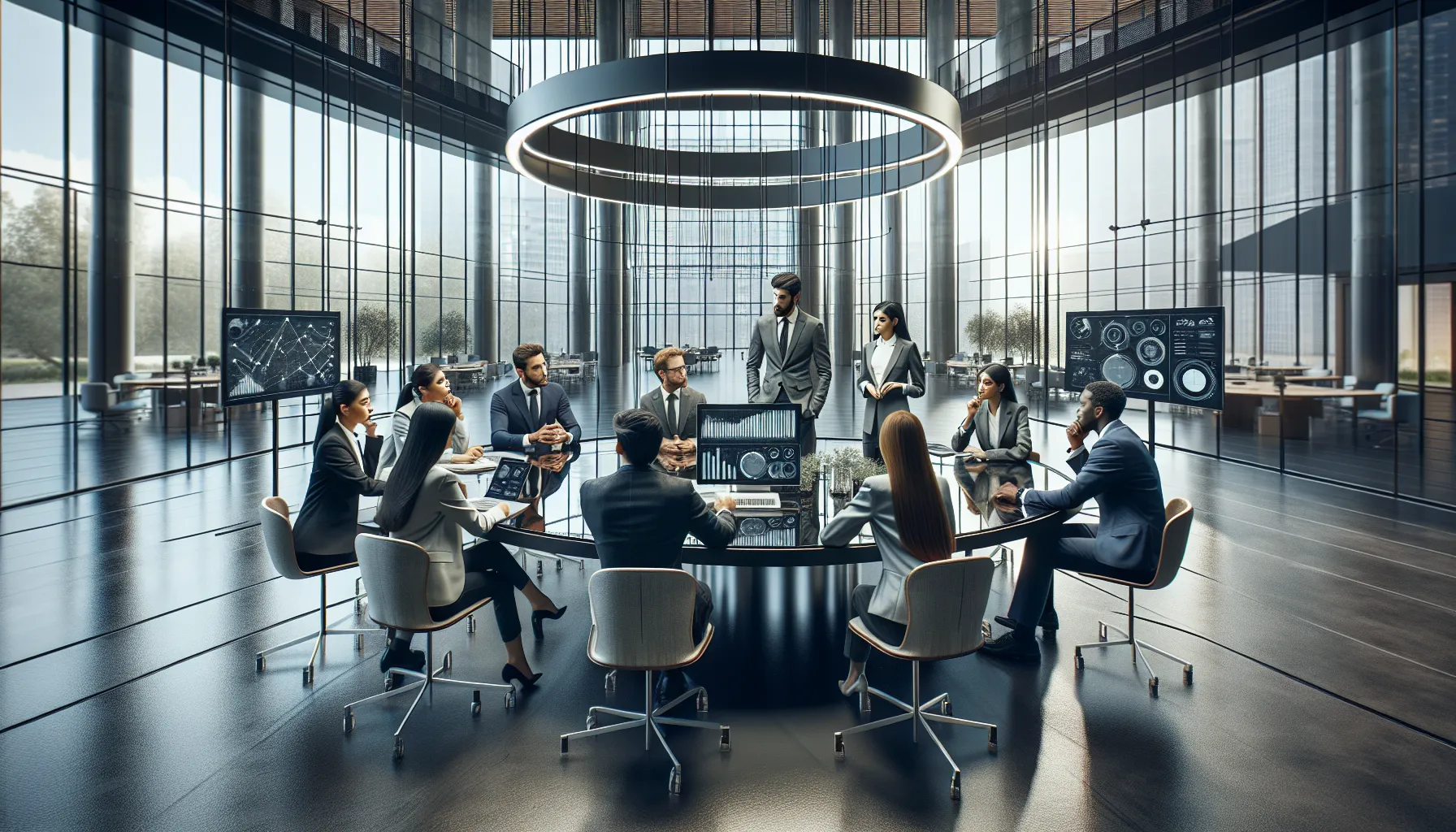 diverse team discussing customer service in a modern office.