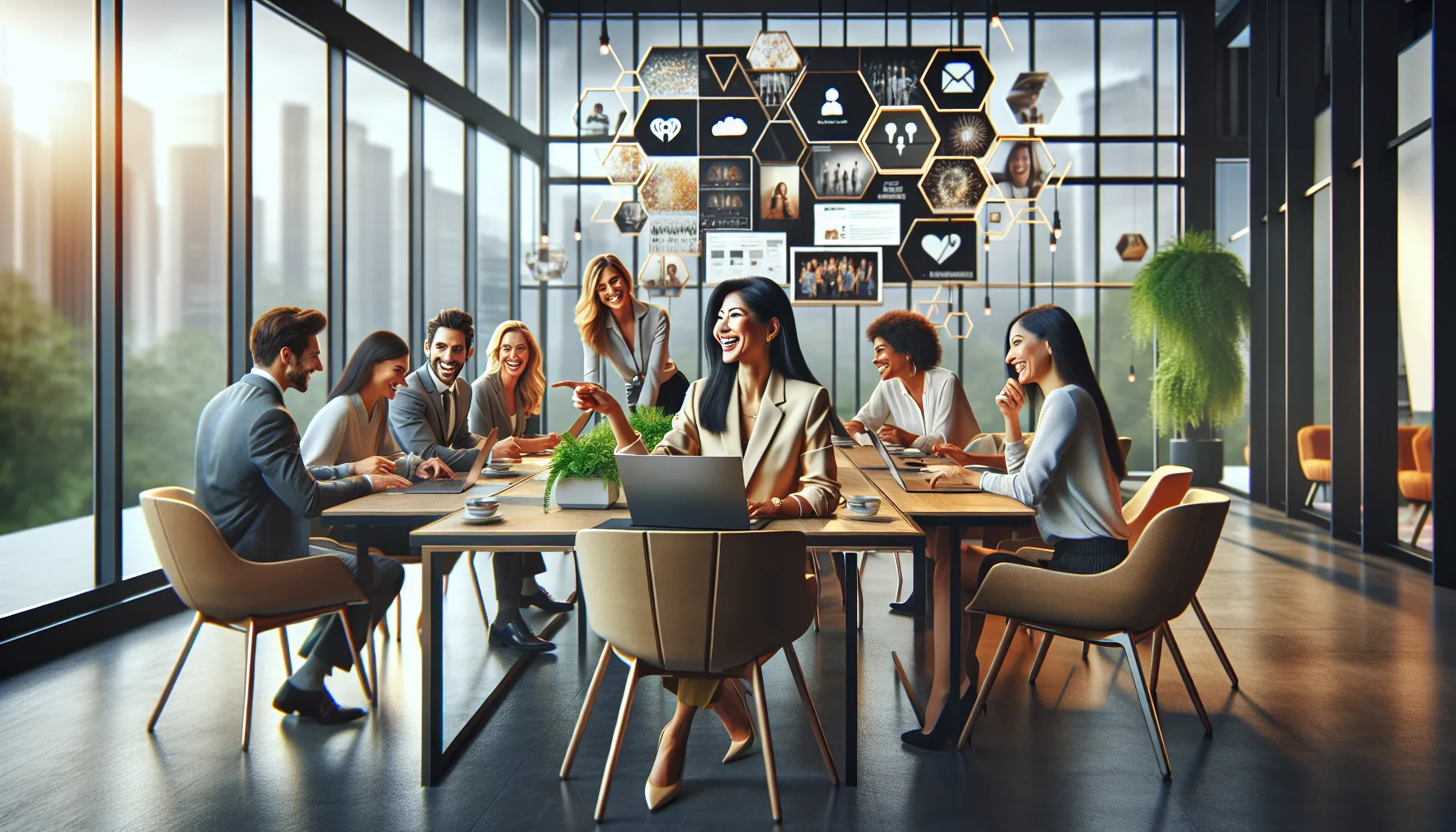 diverse professionals engaging in discussions in a modern office setting.