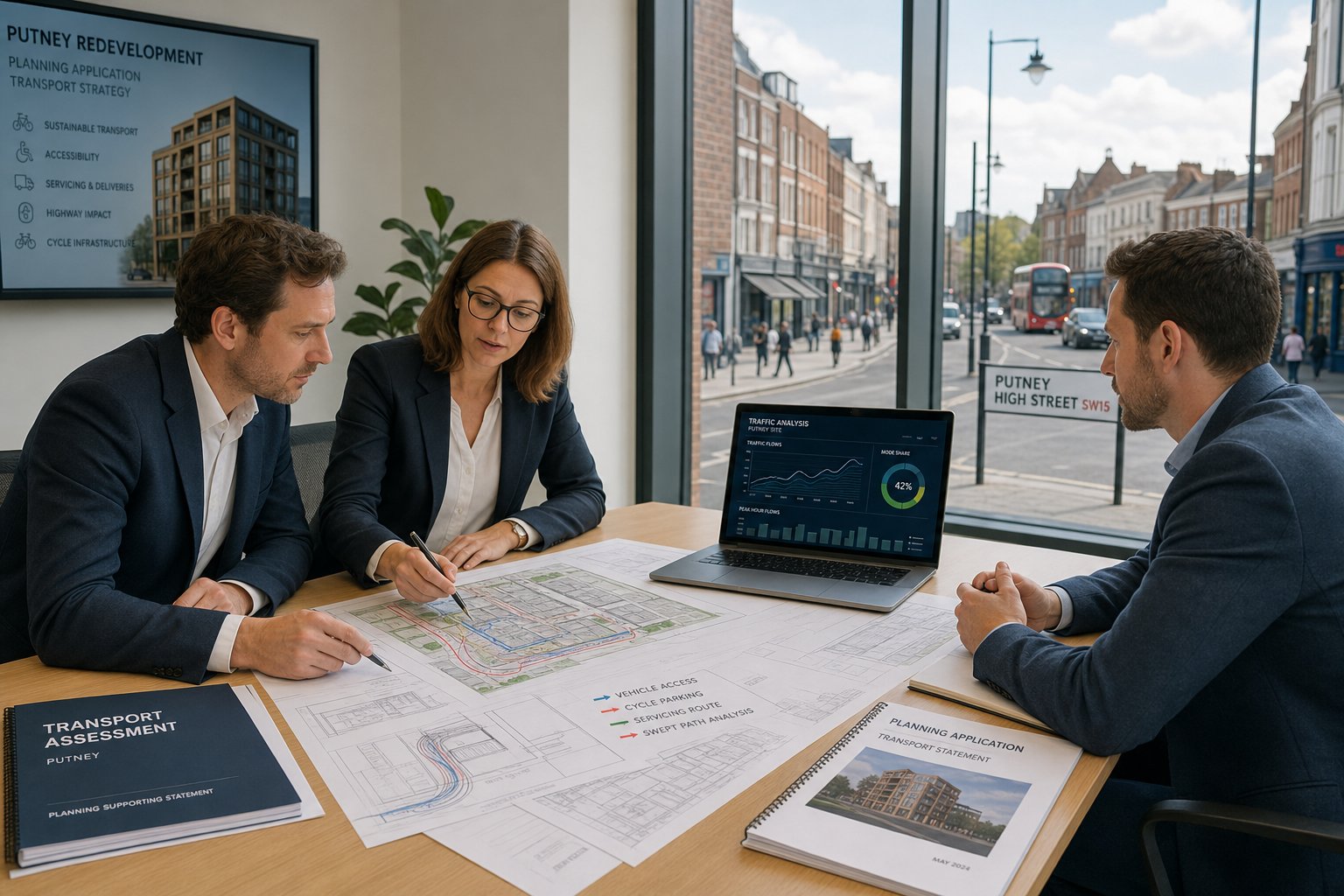 Traffic engineer reviewing planning documents with a client team in a modern office.