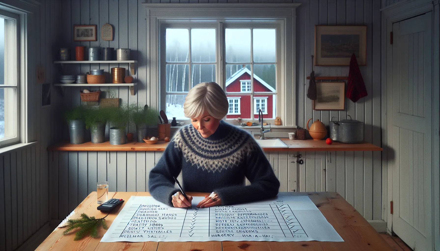 Norwegian pensioner making must-have and nice-to-have lists at home.