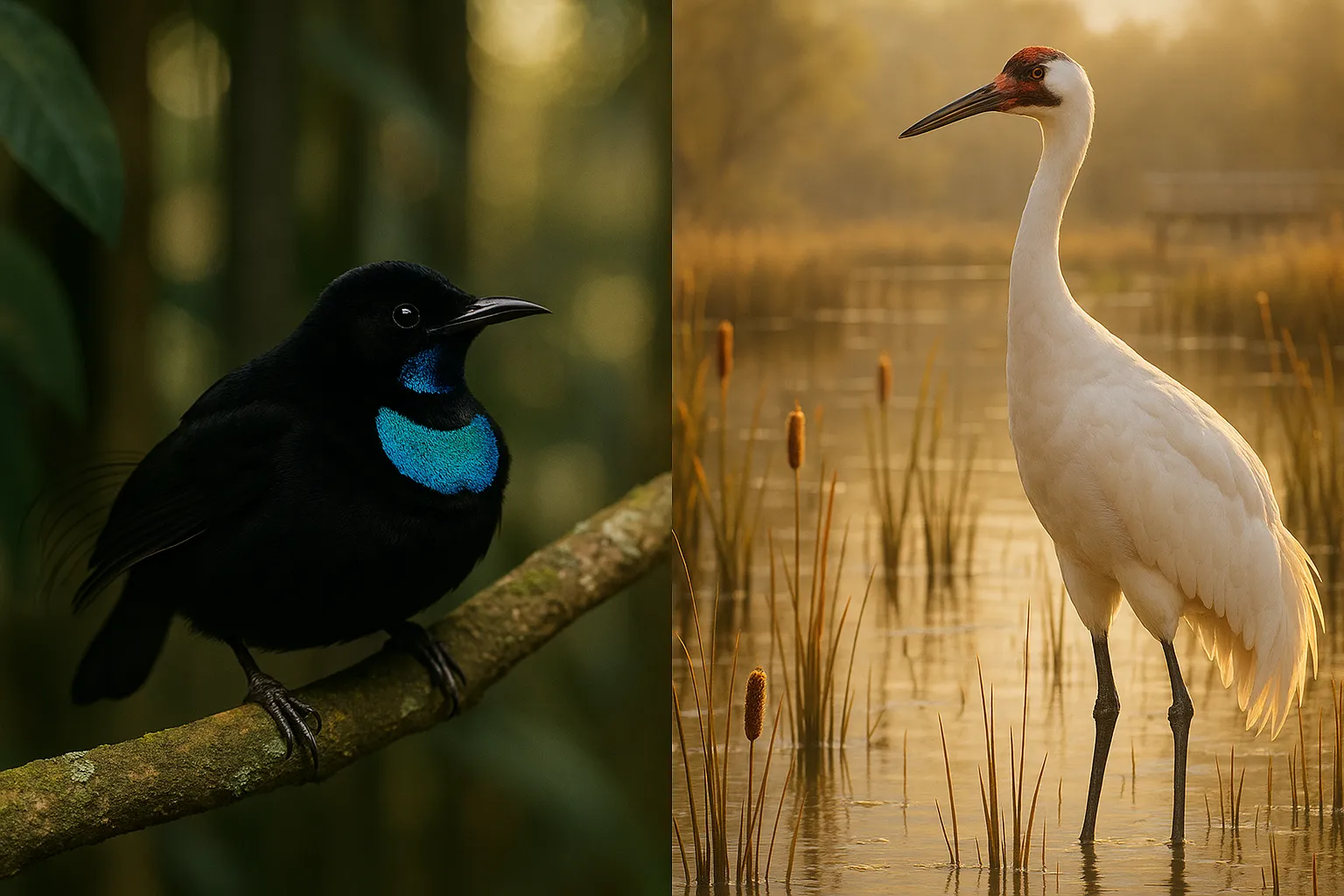 Male bird-of-paradise perched left, whooping crane wading right at sunset.
