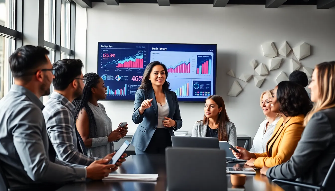 diverse team strategizing in a modern corporate office.