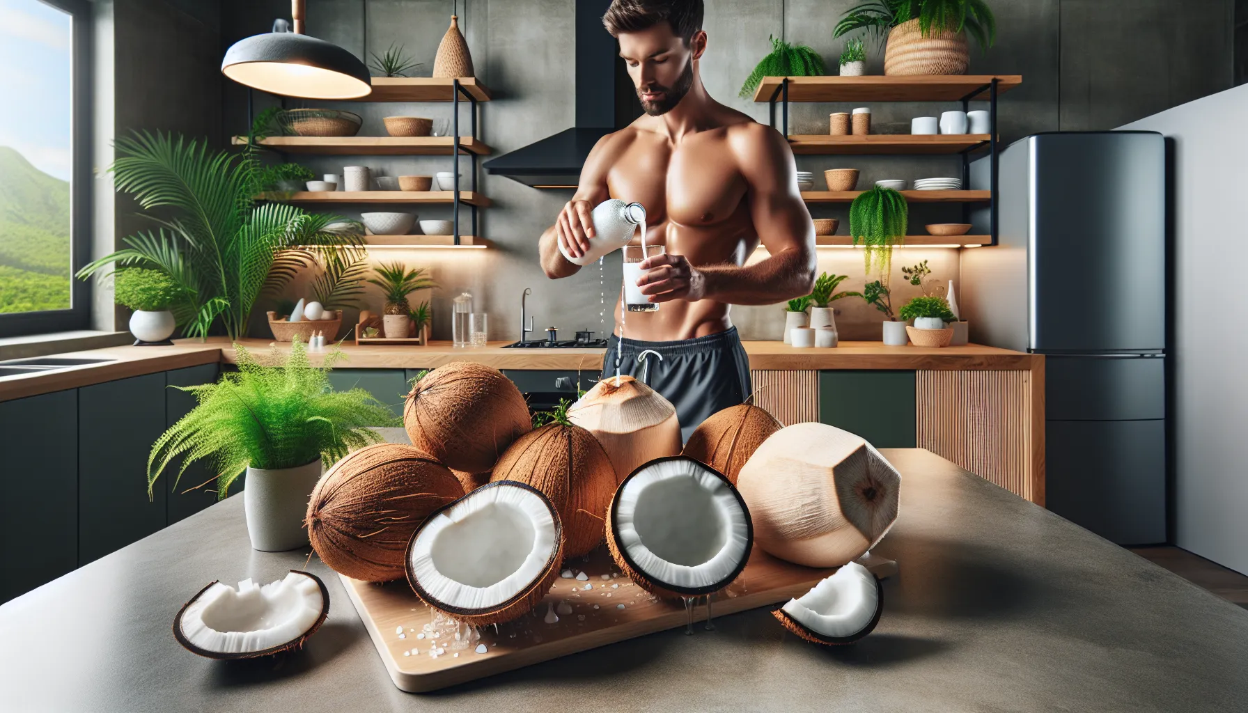Fresh Barnaby coconuts in a modern kitchen, highlighting health benefits.