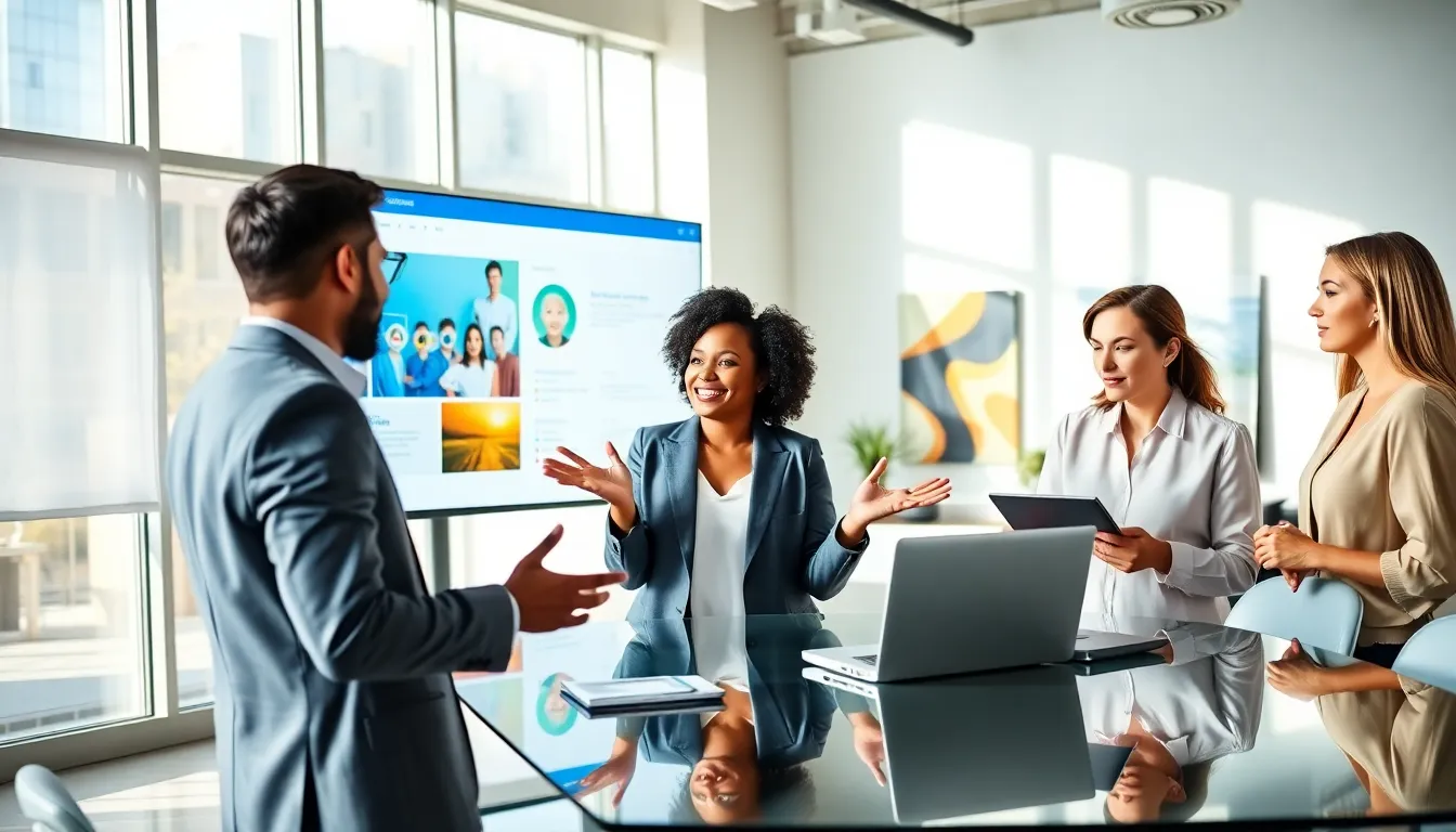 diverse team collaborating in a modern office on productivity ideas.