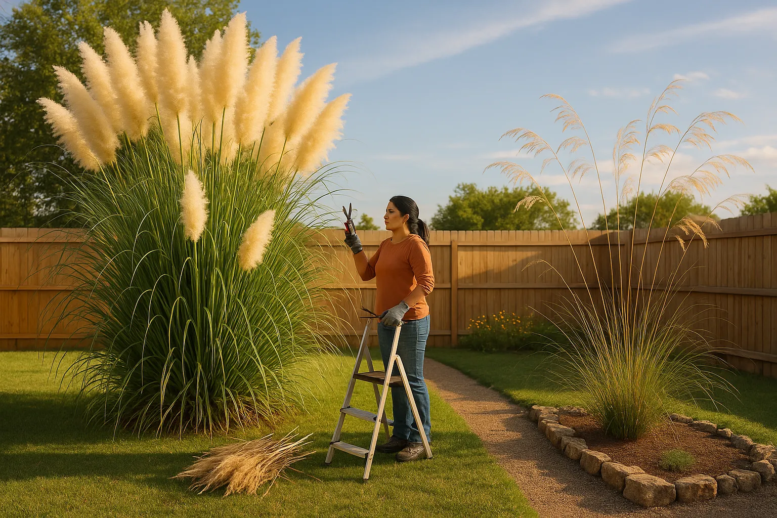 Pampas grass towering beside slimmer, feathery Stipa in a sunny backyard.