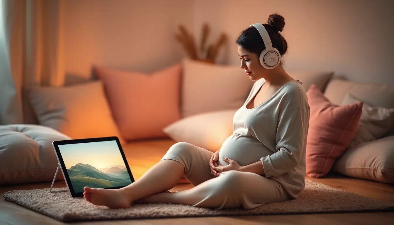 expectant mother listening to hypnobirthing tracks in a calm setting.