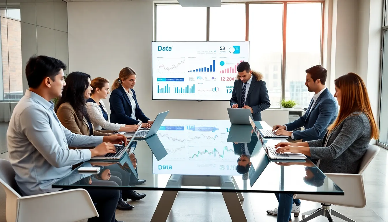diverse professionals analyzing data in a modern office setting.