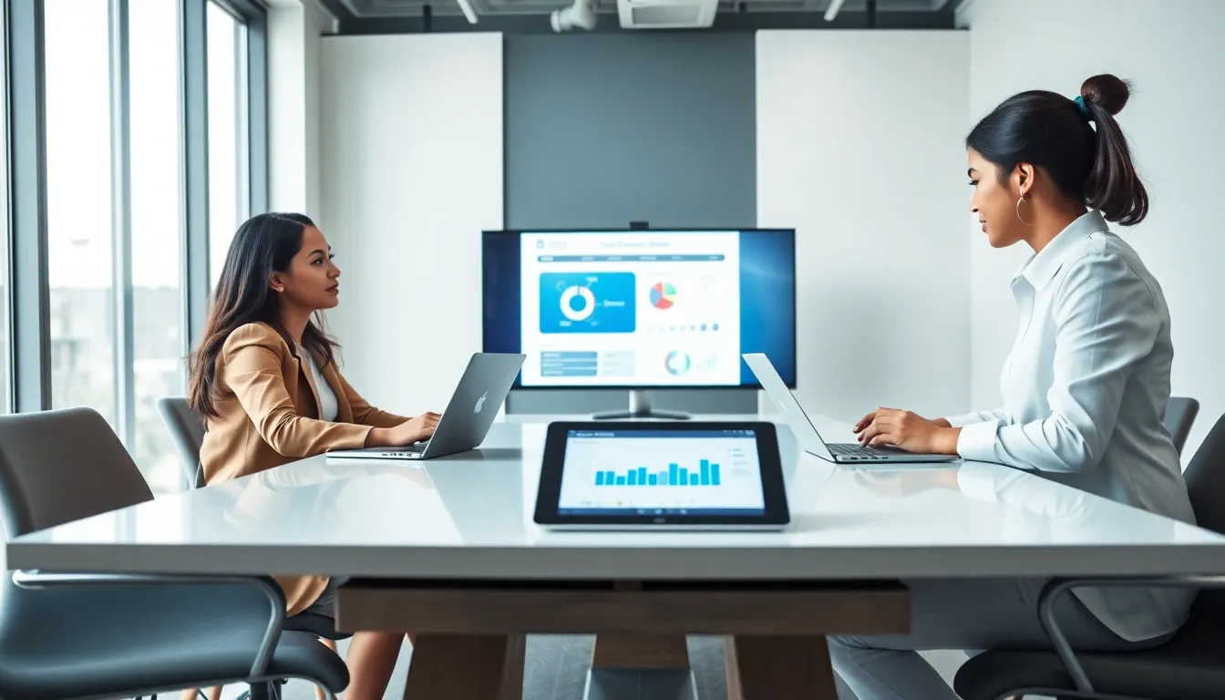 diverse team discussing software in a modern office.