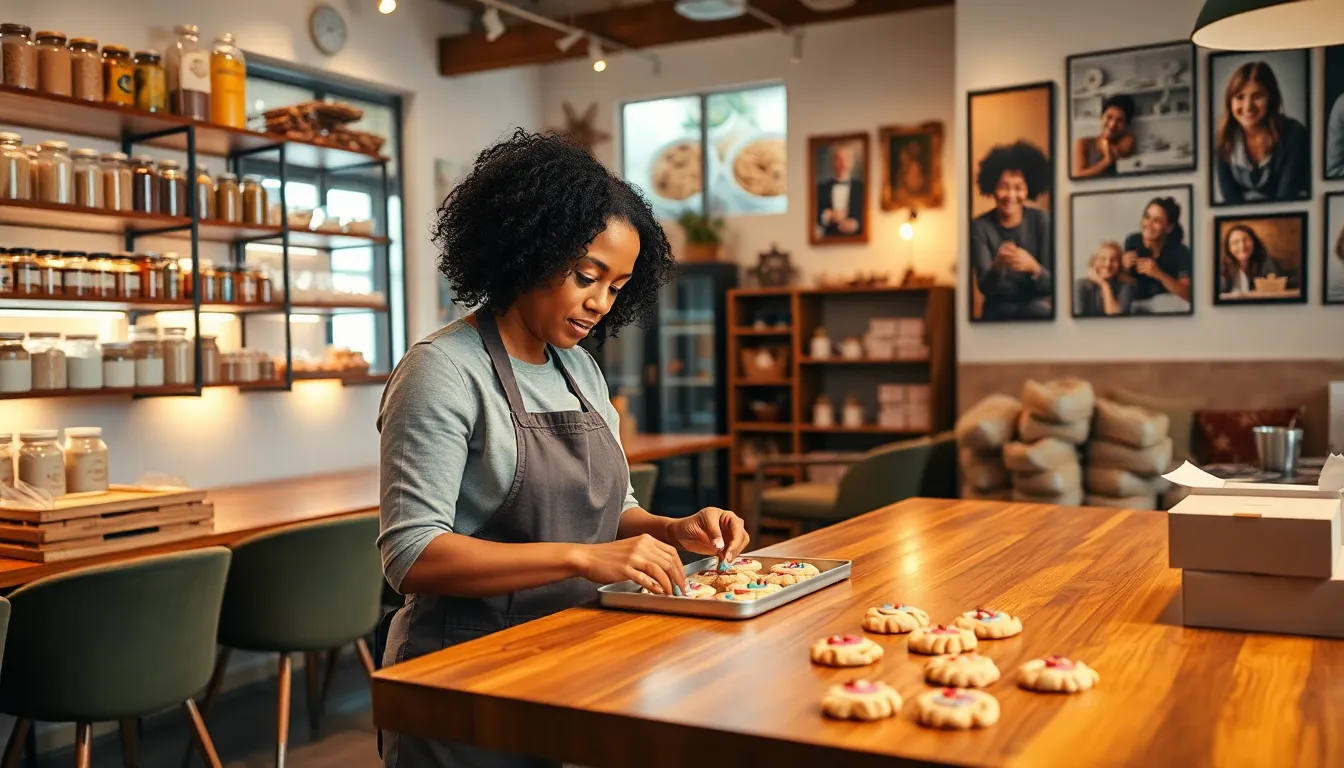 A baker decorating cookies in a cozy, inviting bakery setting.