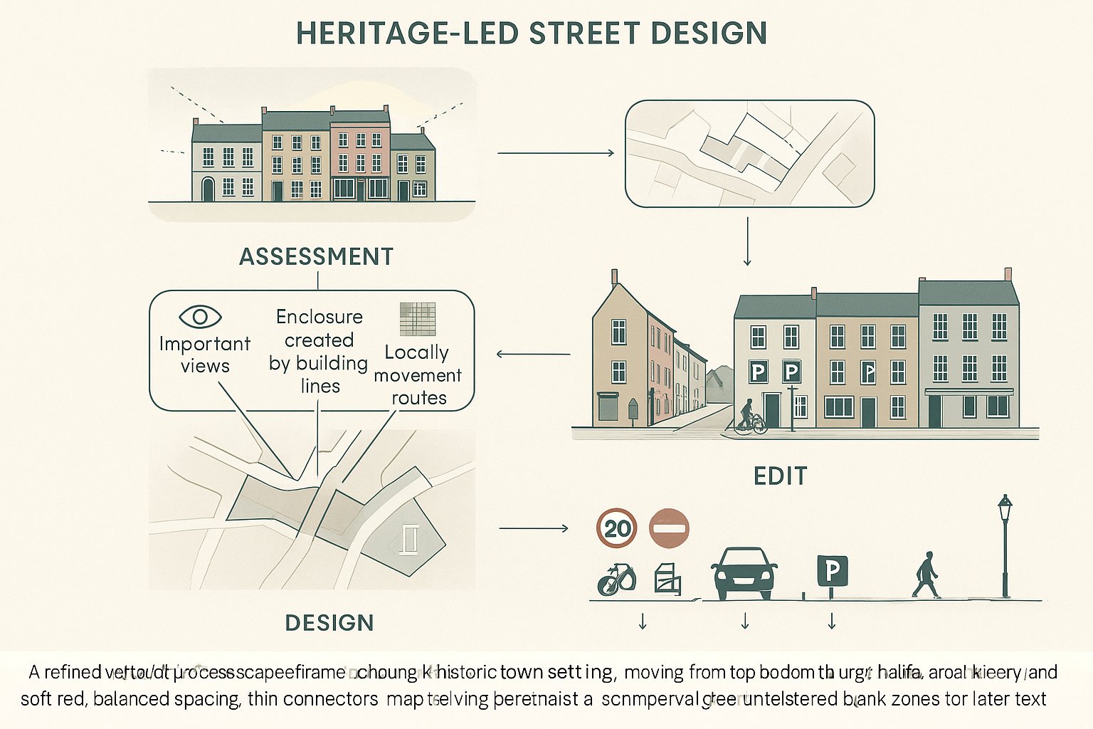Infographic of heritage-led street design steps for a calm historic UK street.