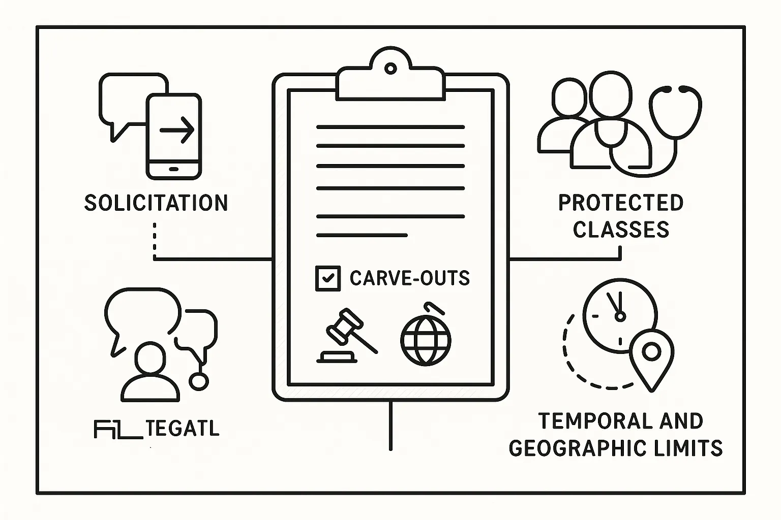 line art of a contract with icons for solicitation, protected people, time and geography