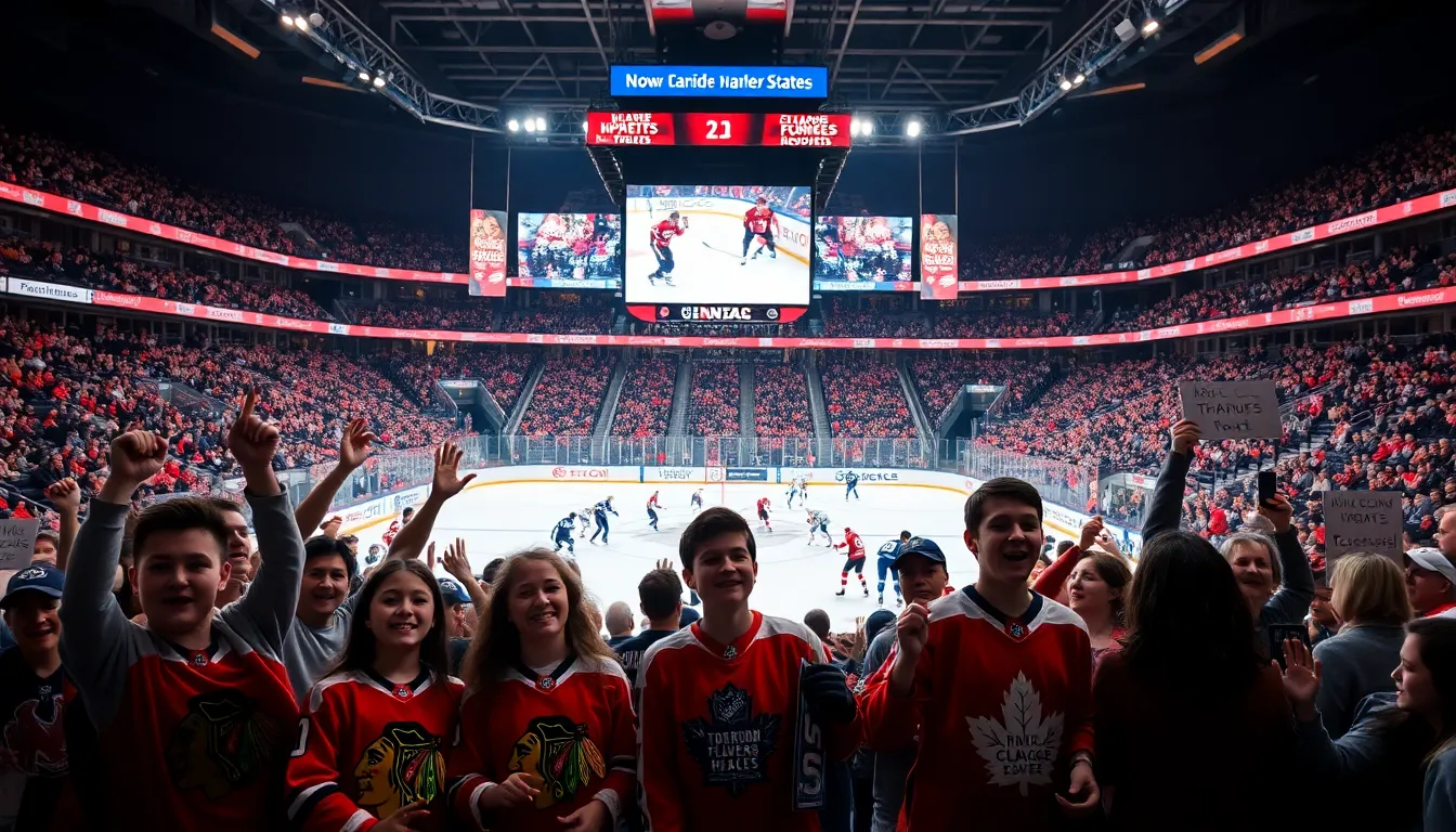 fans celebrating recent NHL player trades in a lively hockey arena.