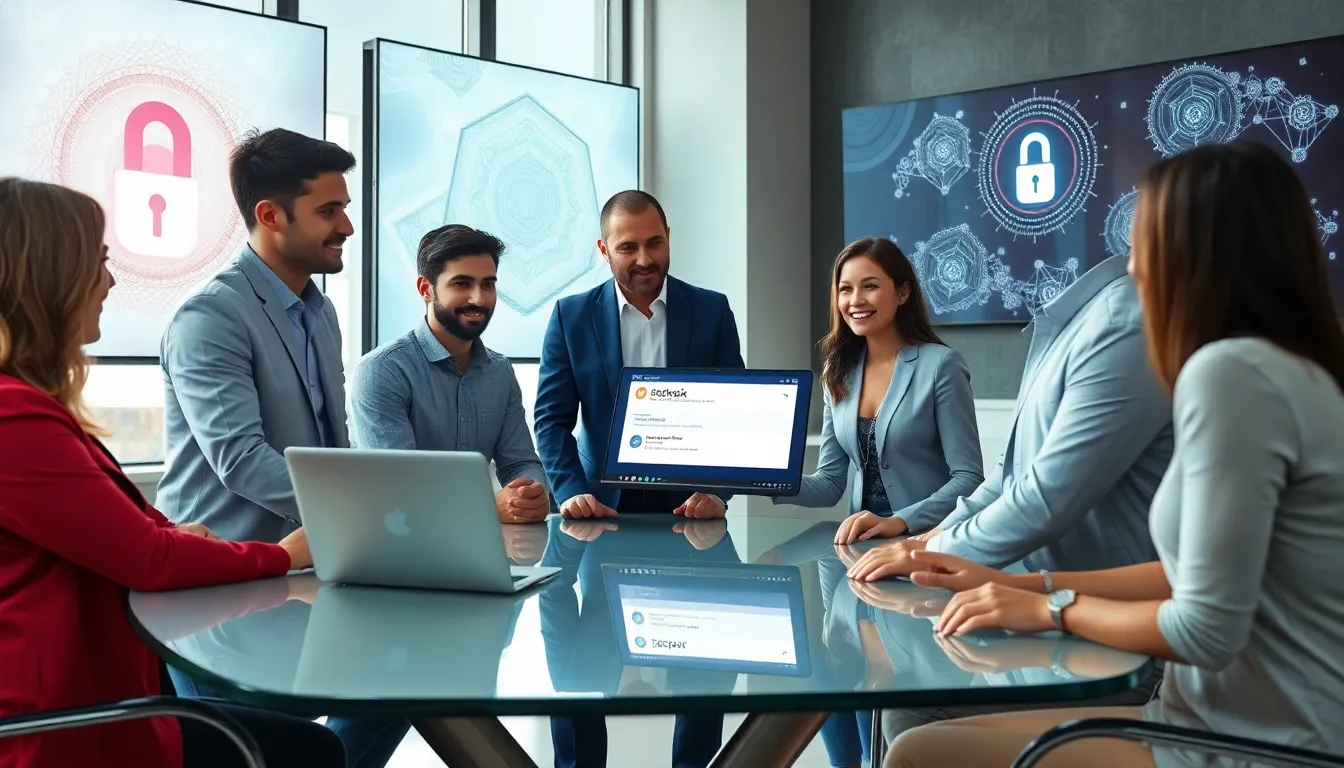 diverse professionals discussing Bitclassic encryption in a modern office.