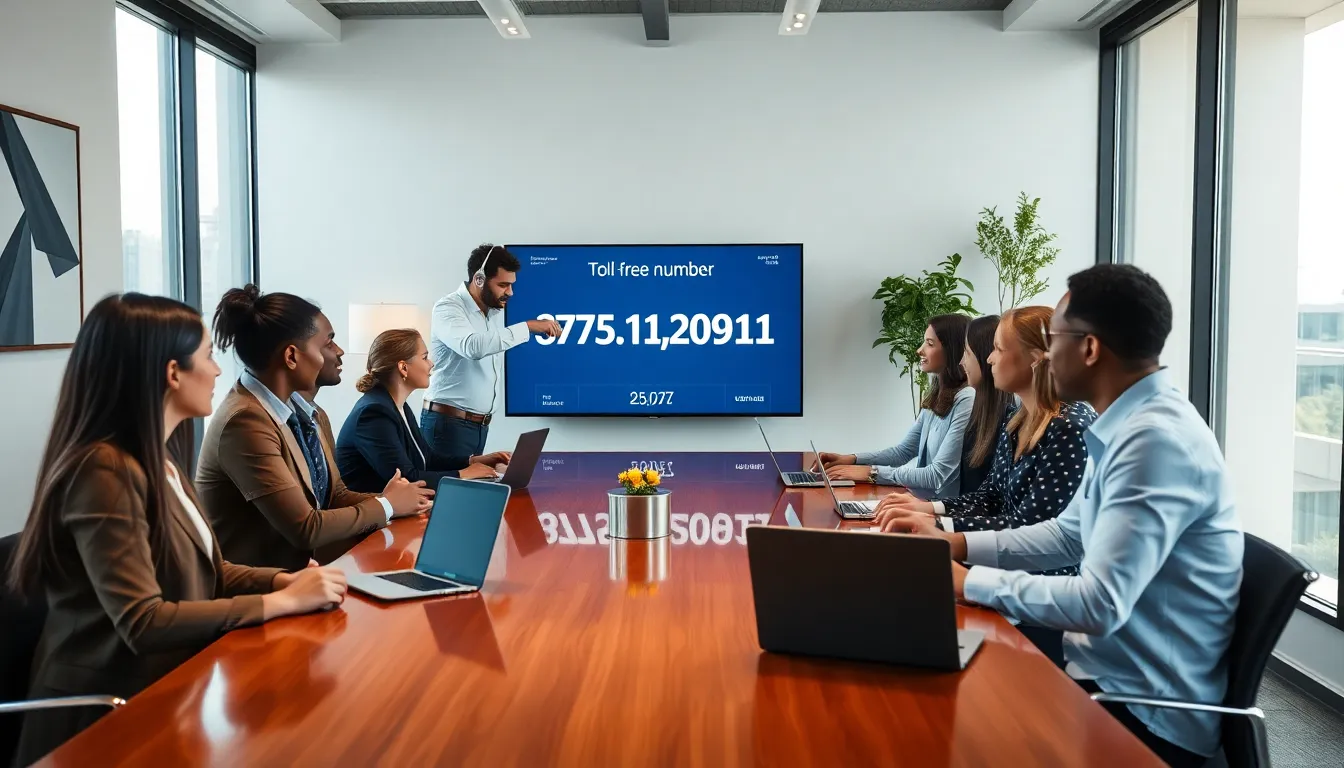 diverse professionals discussing toll-free number in a modern office.